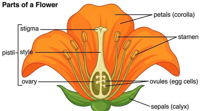 Diagram illustrating the parts of a flower with labels anatomy botany