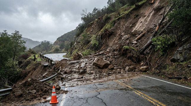 Landslide blocking road with caution cone under cloudy sky. A landslide on a mountain road with thick wet mud, soil, and debris that has descended down a steep slope and partially or completely cove  