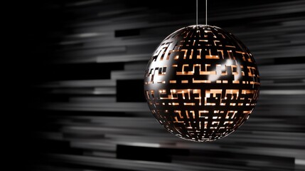 A modern spherical pendant lamp with a geometric cutout pattern is illuminated from within, casting a warm glow in a dimly lit room with a textured wall background