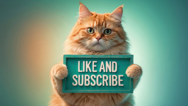 Fluffy orange cat holding a sign with text "LIKE AND SUBSCRIBE" against a teal background