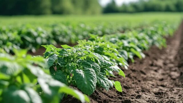 Rows of green potato plants growing in a large agricultural field under sunlight.