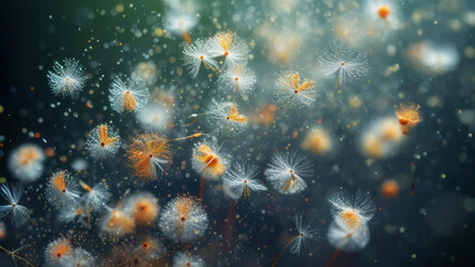 Close-up of dandelion seeds with pollen floating in the air, representing allergies and pollinosis