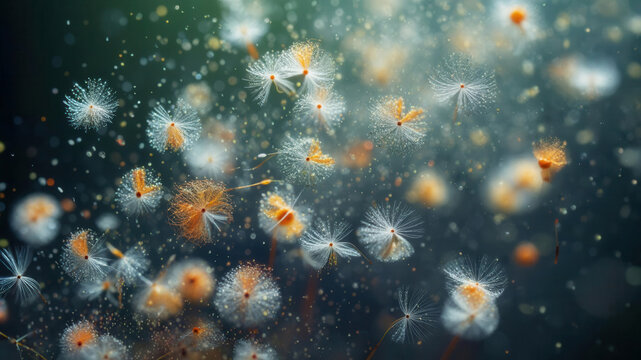 Close-up of dandelion seeds with pollen floating in the air, representing allergies and pollinosis