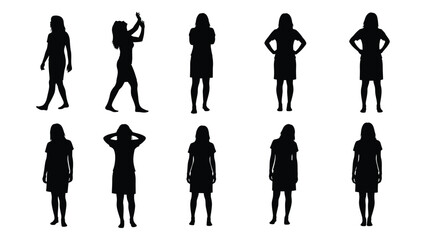 Silhouettes of women in various poses isolated on white background, Vector