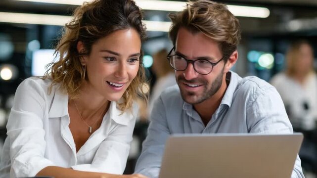 Focused Collaboration: Two individuals engage in focused teamwork, their eyes locked on a laptop screen, symbolizing the spirit of collaboration.