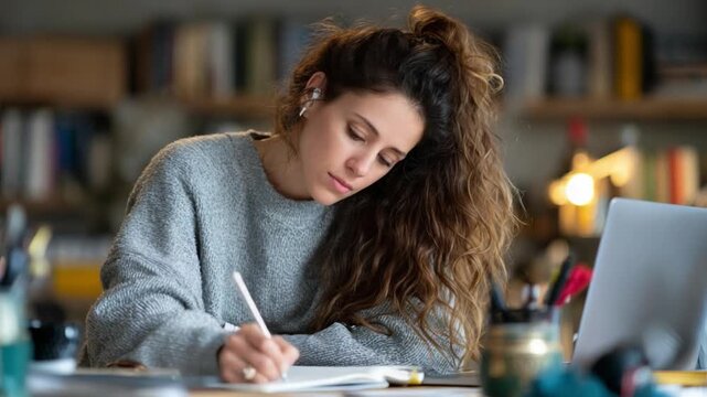 Thoughtful Reflection: A focused young woman immersed in her work, poised with pen in hand as she diligently writes in a notebook, embodying dedication and reflection.