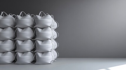 A neat stack of white surgical masks arranged in a grid against a plain background