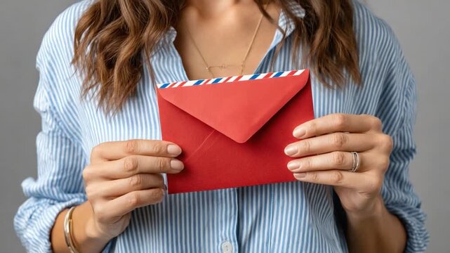Receiving the Heartfelt Letter: A person tenderly holds a vibrant red envelope, a symbol of communication, affection, or a special message, embodying the anticipation of the contents within.