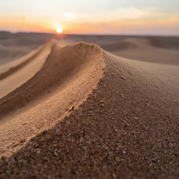 Macro of a Perfect Frozen Wave Made of Fine Golden Desert Sand at Sunset (generative ai)