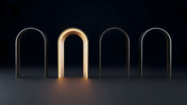 A golden glowing arch standing out among three dark metallic arches on a dark surface