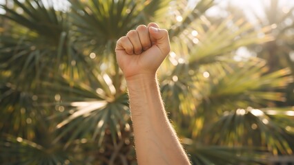 Fototapeta premium Close-up of a raised fist symbolizing protest, power, and solidarity. A person's hand clenched for freedom and resistance against a backlit tropical background
