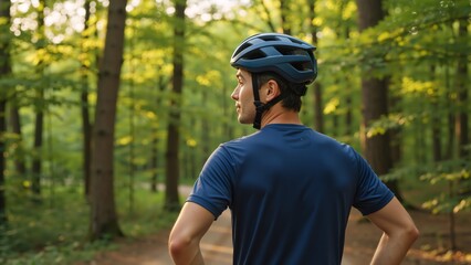 Man cyclist with a helmet taking a break in the forest. Active male athlete enjoying an outdoor activity on a nature trail