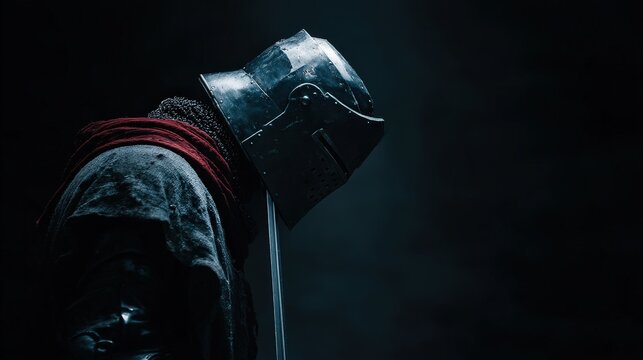 Medieval knight in dark moody shot, minimal full plate armet helmet with blade. Historical warrior concept