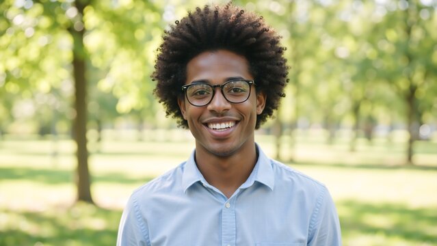 Happy young Black man with an afro and glasses smiling outdoors. Headshot portrait of a cheerful African American student in a park