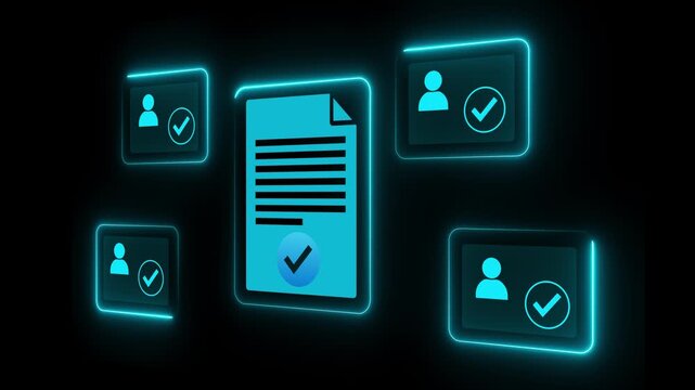 Business screen with digital document and profile icons, indicating online verification and identity confirmation. Motion graphics of business document concept