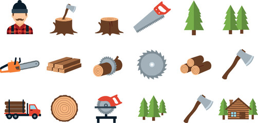 Lumberjack and forestry illustration set with woodcutting tools logs trees sawmill equipment and timber processing elements for industry design and flat vector graphics
