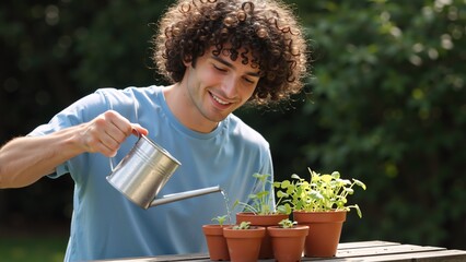 Smiling young man watering small green seedlings in terracotta pots outdoors. A person enjoying a home gardening hobby and taking care of plants