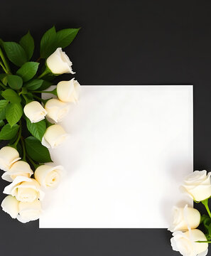 Elegant Romantic Blank White Paper with White Roses on Dark Background