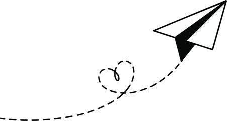 Minimalist Paper Plane Flying with Dotted Heart Trail Line, Vector Illustration of Travel, Love, and Creative Concept Isolated on White Background