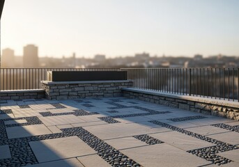 Naklejka premium Modern rooftop terrace features intricate stone paving and city views during sunrise or sunset