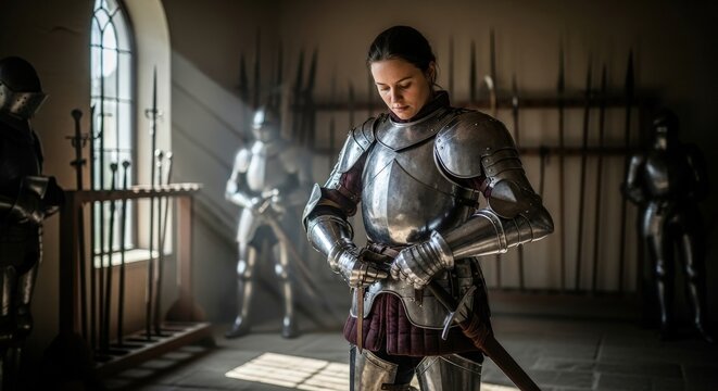 Woman knight preparing in medieval armor for battle. Historical reenactment of an ancient warrior or soldier. Concept of strength and courage