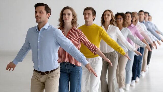 A Line of Diverse Individuals: A line of people of different genders, ethnicities, and ages stand in a row, facing forward with arms outstretched in a unified pose.