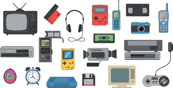 Retro technology and vintage electronics illustration set with cassette game console television camera and audio devices for nostalgia design and flat vector graphics
