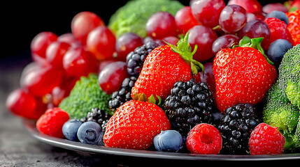 Obraz premium A rich, colorful assortment of strawberries, blueberries, blackberries, raspberries, red grapes, and fresh broccoli