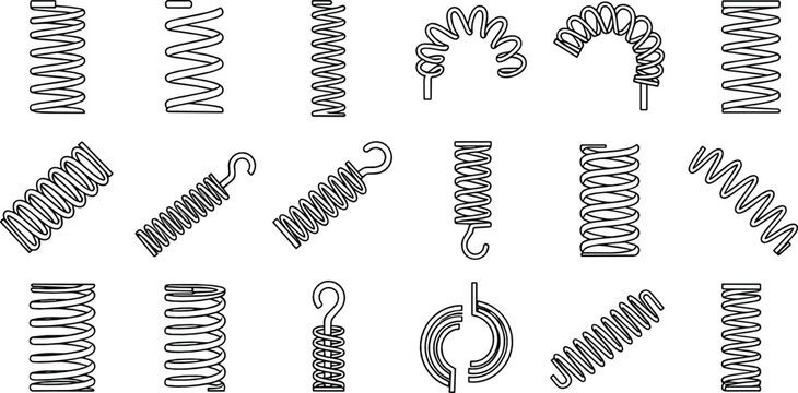 Hand drawn spring and coil doodle illustration set with metal wire shapes hooks and elastic elements for engineering sketches, infographics, and flat vector design
