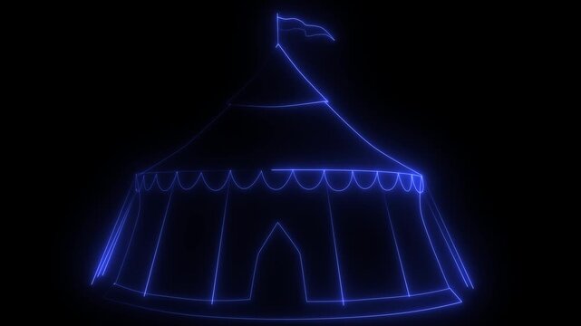 Red and blue striped circus tent with a flag isolated on black background. Motion graphics of neon glow line icon