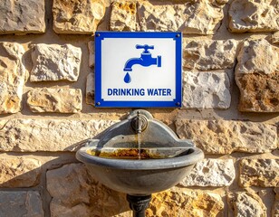 Drinking Water Fountain with Sign on Stone Wall