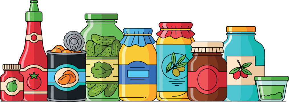 Food jar and bottle illustration set with sauces jams pickles honey oil and preserved products for kitchen design, grocery branding, packaging, and flat vector art