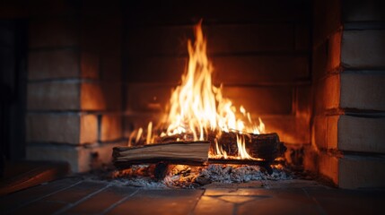 Cozy fireplace with vibrant flames illuminating wooden logs in a warm, inviting hearth setting for winter ambiance and relaxation.