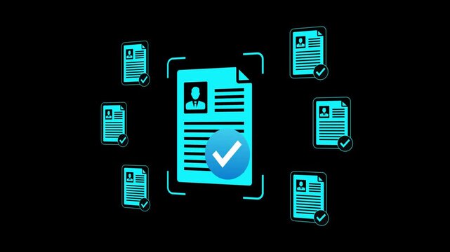 Close-up of person neon glow line with digital approved document icons signifying file verification and recruitment process completion. Motion graphics of personal document verify concept. 3d