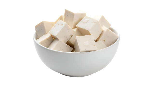 Fresh cubed tofu served in a white bowl, isolated on white or transparent background, ideal for vegan, vegetarian, healthy diet, and plant-based food concepts. PNG
