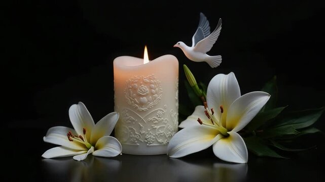 A flickering memorial candle with white lilies and a dove of peace. A solemn still life for funerals, sympathy, and remembrance on a black background