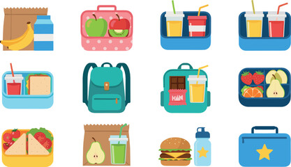 Kids lunch box and snack illustration set with sandwiches fruits drinks backpacks and school food containers for children meals and flat vector design