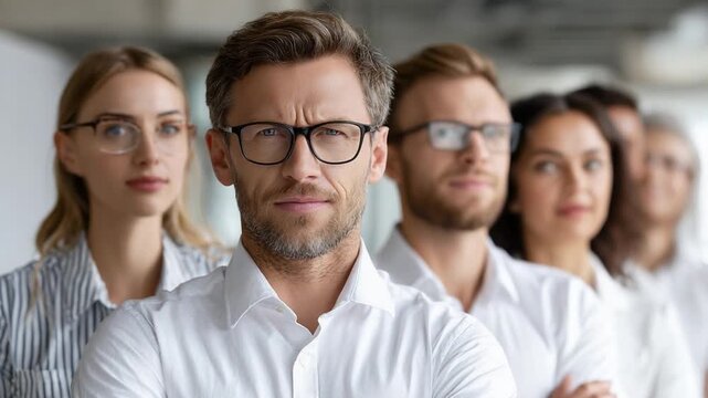 Corporate Cadre: A confident leader stands front and center, surrounded by their poised colleagues, embodying leadership and determination.