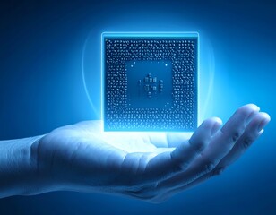 Glowing circuit board held in hand, set against an illuminated blue background