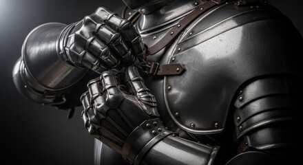 Knight in metal armor tightening a leather strap on his chest plate. Medieval warrior concept for historical reenactment or fantasy design
