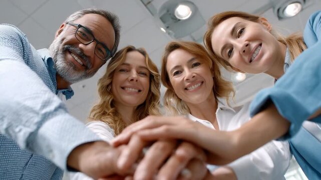 Unified Strength: A group of individuals, forming a circle with their hands interlocked, signifies unity and solid teamwork within a business setting.