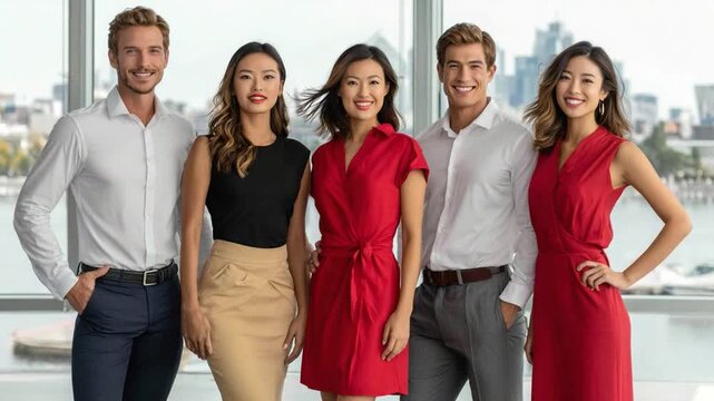 Harmonious Team Portrait: A confident and diverse team stands together, exuding a sense of unity and shared purpose. Their attire, a blend of formal and smart casual.
