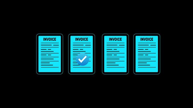 Businessman uses a stylus to approve digital invoices on a virtual interface displayed above a laptop, Motion graphics of invoice document concept