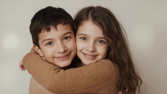 Hugging sibling pair after portrait prompt in studio, smiling with tan sweaters on beige backdrop