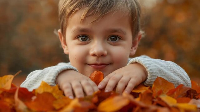 Camera rolling child leaning over leaf pile in park, holding orange leaf, exploring in sweater