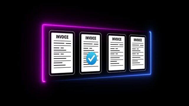 Businessman uses a stylus to approve digital invoices on a virtual interface displayed above a laptop, Motion graphics of invoice document concept
