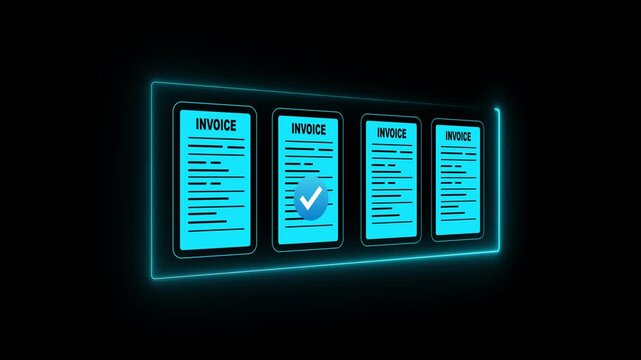 Businessman uses a stylus to approve digital invoices on a virtual interface displayed above a laptop, Motion graphics of invoice document concept