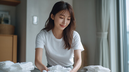 Japanese woman folding laundry neatly at home