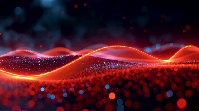Abstract red glowing waveform flowing across particle field with dynamic light effects