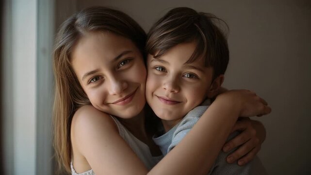 Big sister starting hug around little brother by window, showing sibling comfort, tank top seen